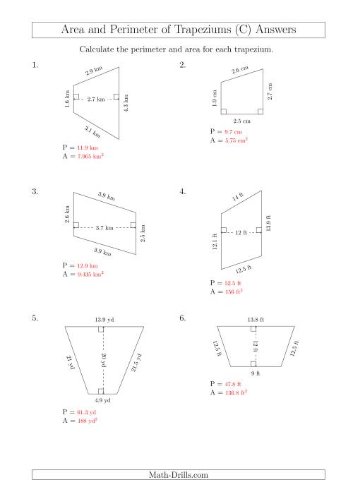 The Calculating Area and Perimeter of Trapeziums (Smaller Numbers) (C) Math Worksheet Page 2