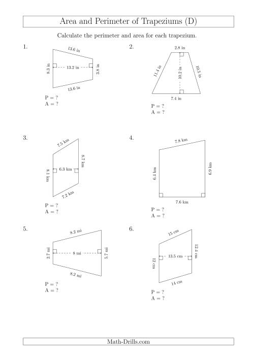 The Calculating Area and Perimeter of Trapeziums (Smaller Numbers) (D) Math Worksheet
