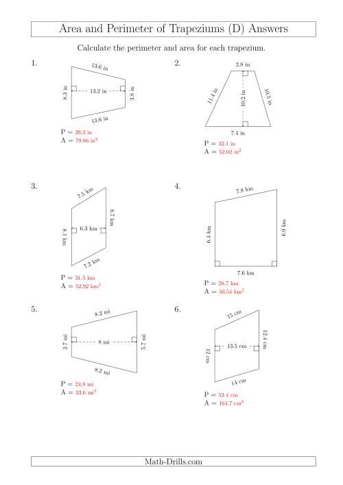 The Calculating Area and Perimeter of Trapeziums (Smaller Numbers) (D) Math Worksheet Page 2