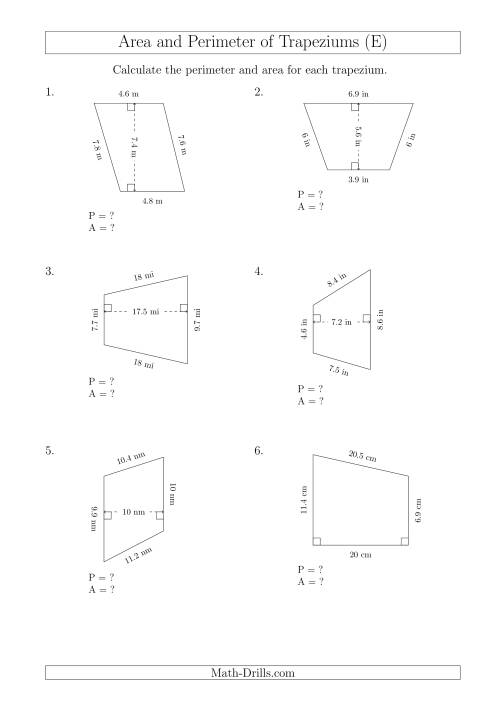 The Calculating Area and Perimeter of Trapeziums (Smaller Numbers) (E) Math Worksheet