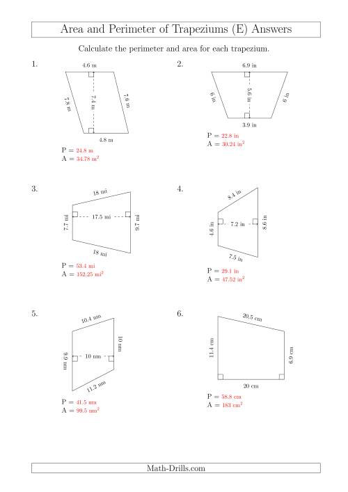 The Calculating Area and Perimeter of Trapeziums (Smaller Numbers) (E) Math Worksheet Page 2