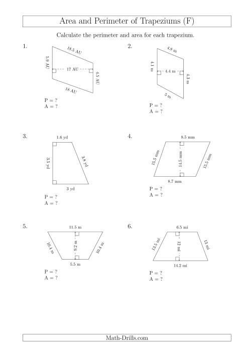 The Calculating Area and Perimeter of Trapeziums (Smaller Numbers) (F) Math Worksheet
