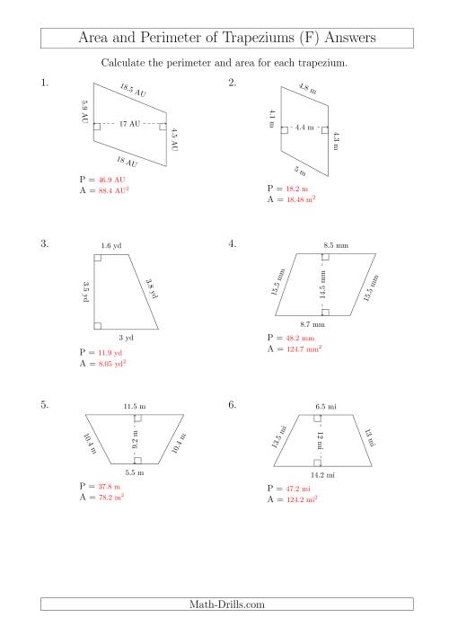 The Calculating Area and Perimeter of Trapeziums (Smaller Numbers) (F) Math Worksheet Page 2