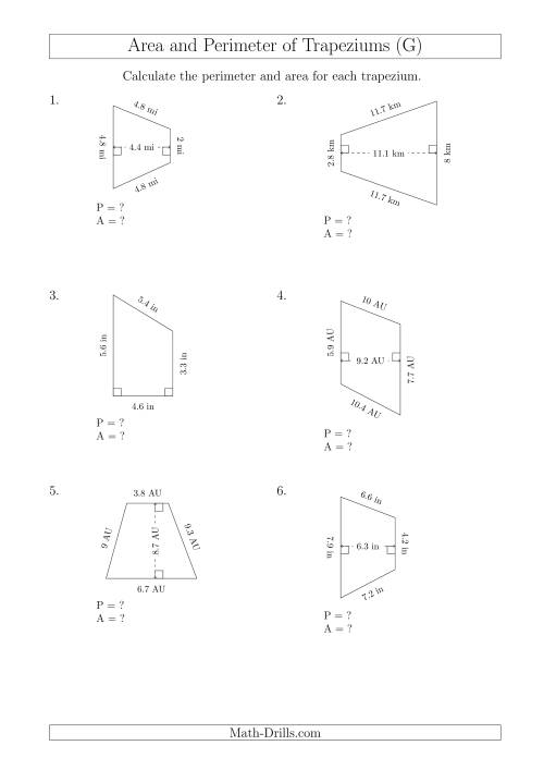 The Calculating Area and Perimeter of Trapeziums (Smaller Numbers) (G) Math Worksheet