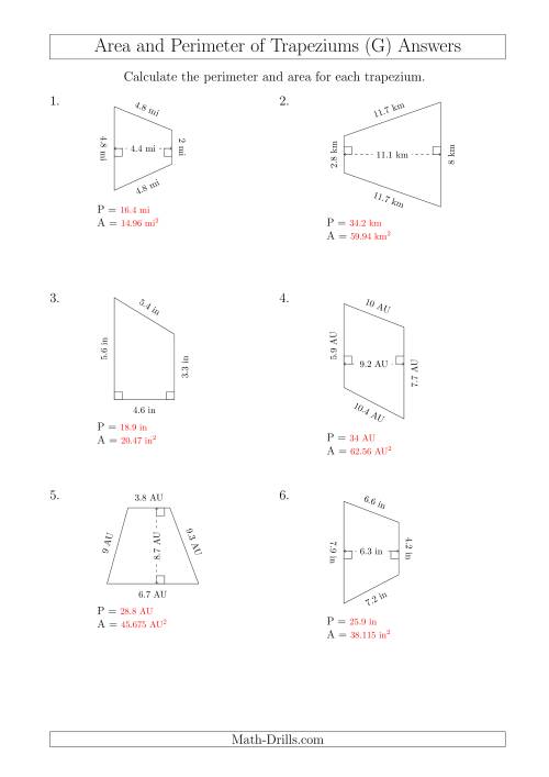 The Calculating Area and Perimeter of Trapeziums (Smaller Numbers) (G) Math Worksheet Page 2
