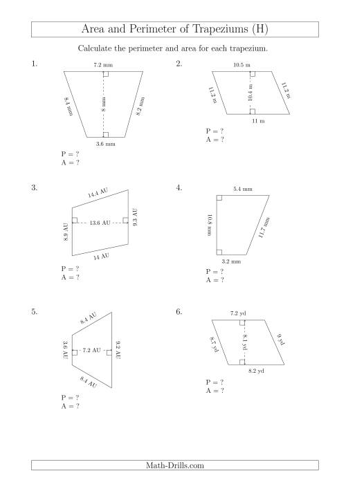The Calculating Area and Perimeter of Trapeziums (Smaller Numbers) (H) Math Worksheet