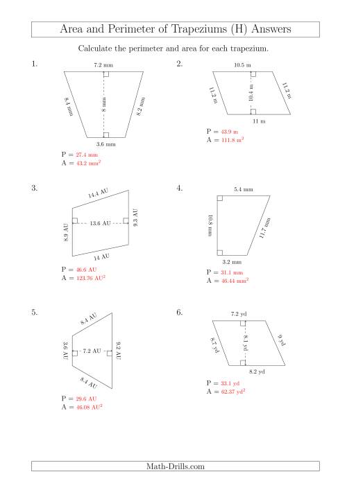 The Calculating Area and Perimeter of Trapeziums (Smaller Numbers) (H) Math Worksheet Page 2