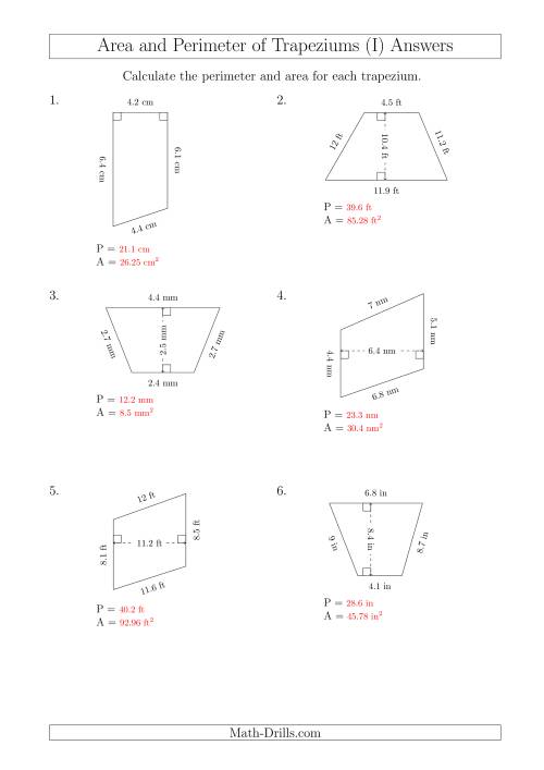 The Calculating Area and Perimeter of Trapeziums (Smaller Numbers) (I) Math Worksheet Page 2