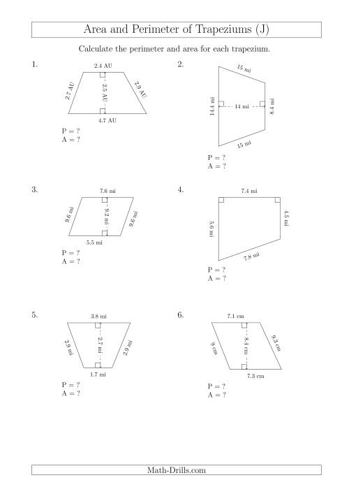 The Calculating Area and Perimeter of Trapeziums (Smaller Numbers) (J) Math Worksheet