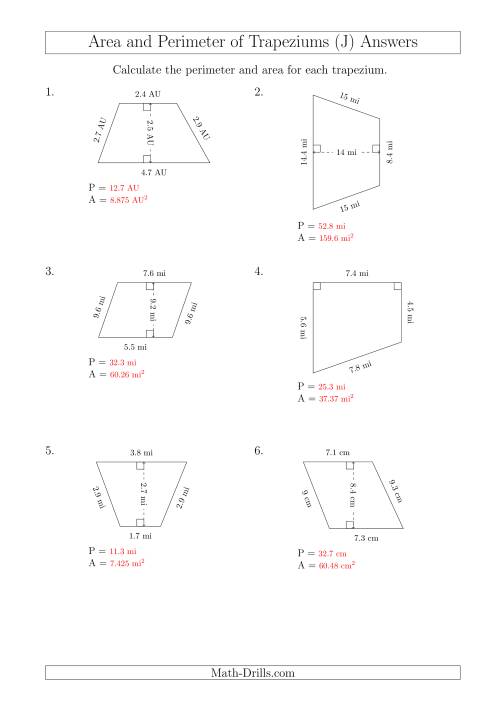 The Calculating Area and Perimeter of Trapeziums (Smaller Numbers) (J) Math Worksheet Page 2