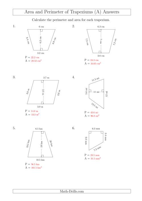 The Calculating Area and Perimeter of Trapeziums (Smaller Numbers) (All) Math Worksheet Page 2