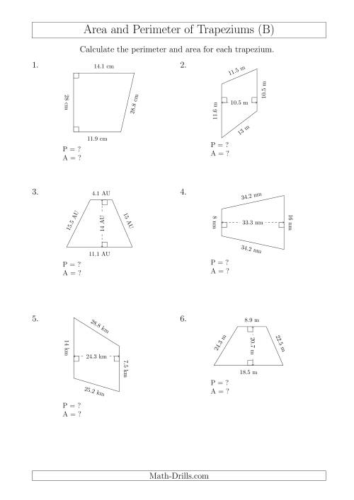 The Calculating Area and Perimeter of Trapeziums (Larger Numbers) (B) Math Worksheet