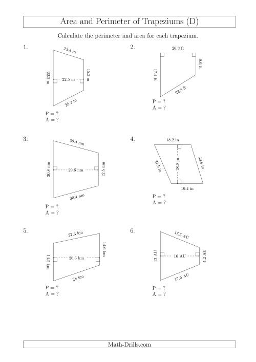 The Calculating Area and Perimeter of Trapeziums (Larger Numbers) (D) Math Worksheet