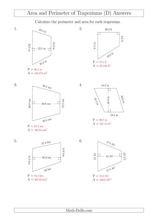 The Calculating Area and Perimeter of Trapeziums (Larger Numbers) (D) Math Worksheet Page 2