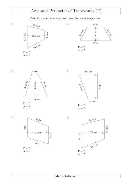 The Calculating Area and Perimeter of Trapeziums (Larger Numbers) (F) Math Worksheet