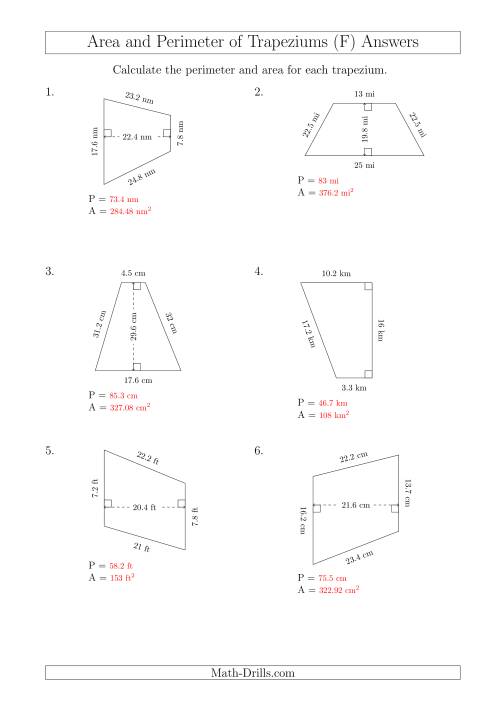 The Calculating Area and Perimeter of Trapeziums (Larger Numbers) (F) Math Worksheet Page 2