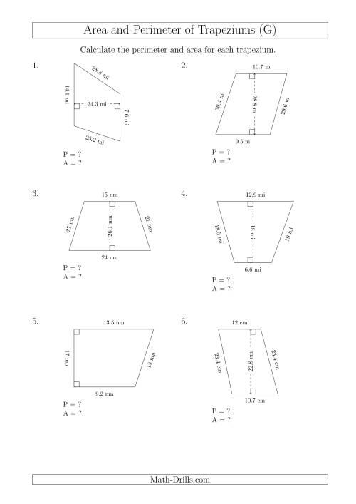 The Calculating Area and Perimeter of Trapeziums (Larger Numbers) (G) Math Worksheet