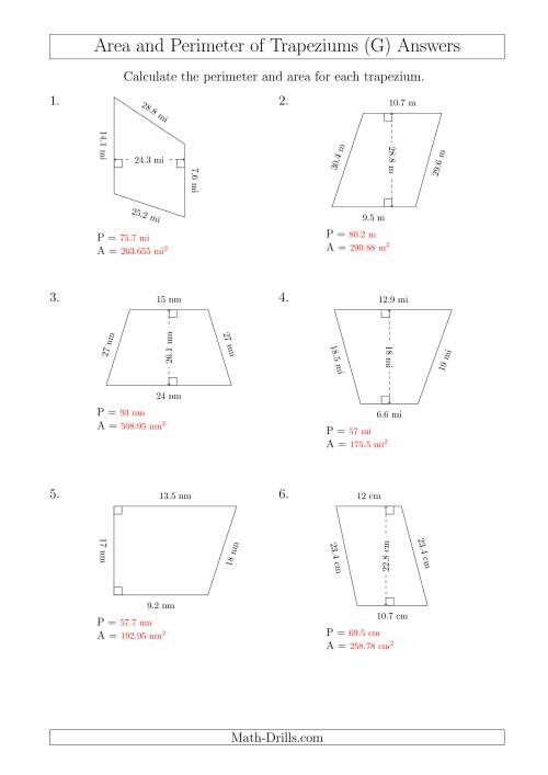 The Calculating Area and Perimeter of Trapeziums (Larger Numbers) (G) Math Worksheet Page 2