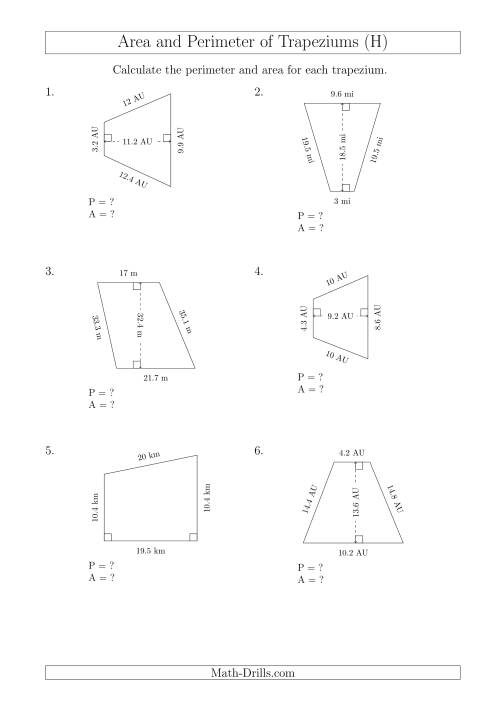 The Calculating Area and Perimeter of Trapeziums (Larger Numbers) (H) Math Worksheet