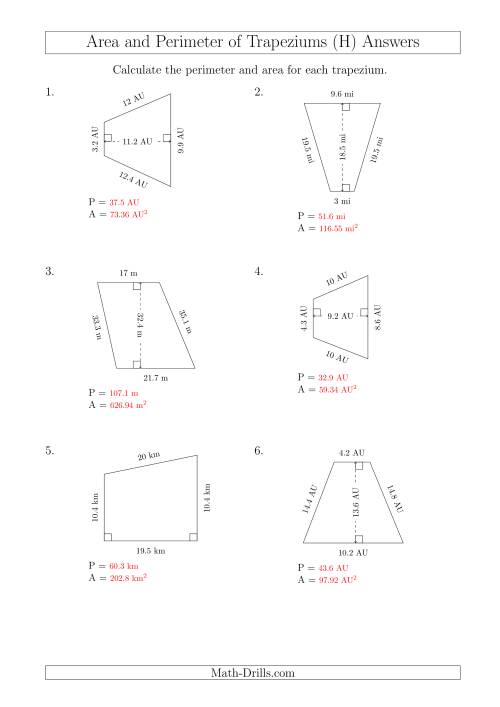 The Calculating Area and Perimeter of Trapeziums (Larger Numbers) (H) Math Worksheet Page 2