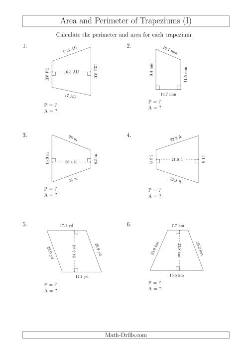 The Calculating Area and Perimeter of Trapeziums (Larger Numbers) (I) Math Worksheet