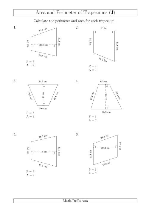 The Calculating Area and Perimeter of Trapeziums (Larger Numbers) (J) Math Worksheet