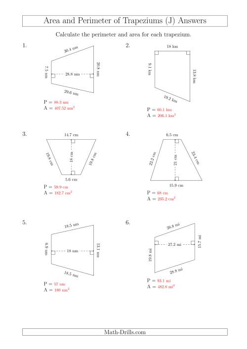 The Calculating Area and Perimeter of Trapeziums (Larger Numbers) (J) Math Worksheet Page 2