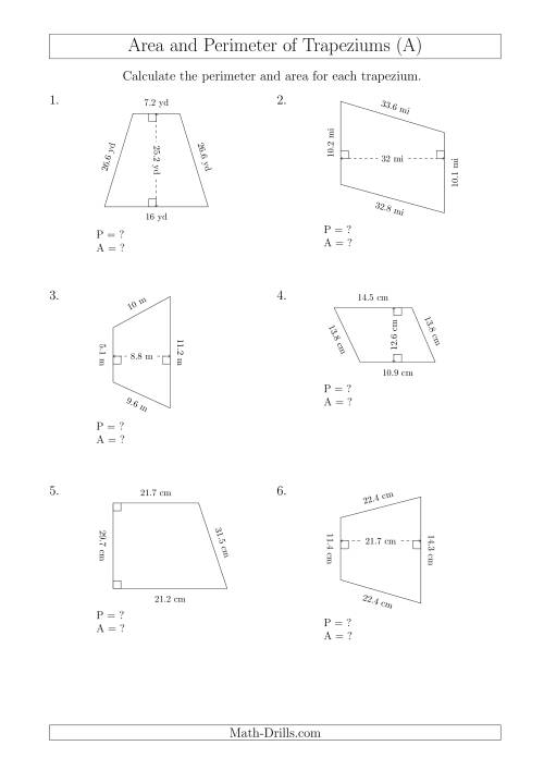 The Calculating Area and Perimeter of Trapeziums (Larger Numbers) (All) Math Worksheet