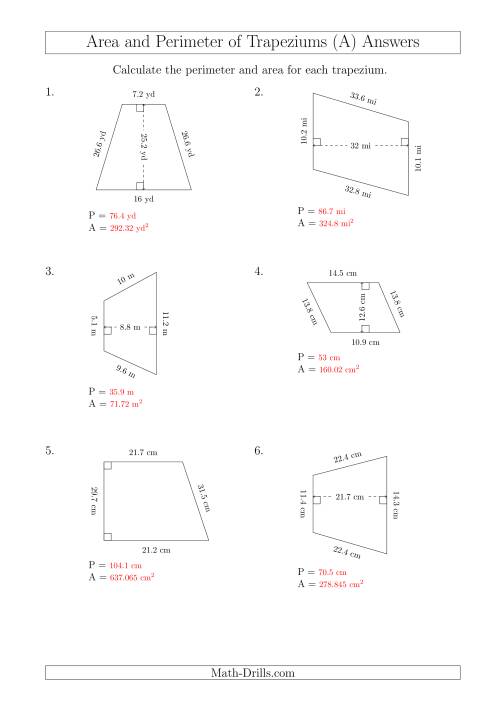 The Calculating Area and Perimeter of Trapeziums (Larger Numbers) (All) Math Worksheet Page 2