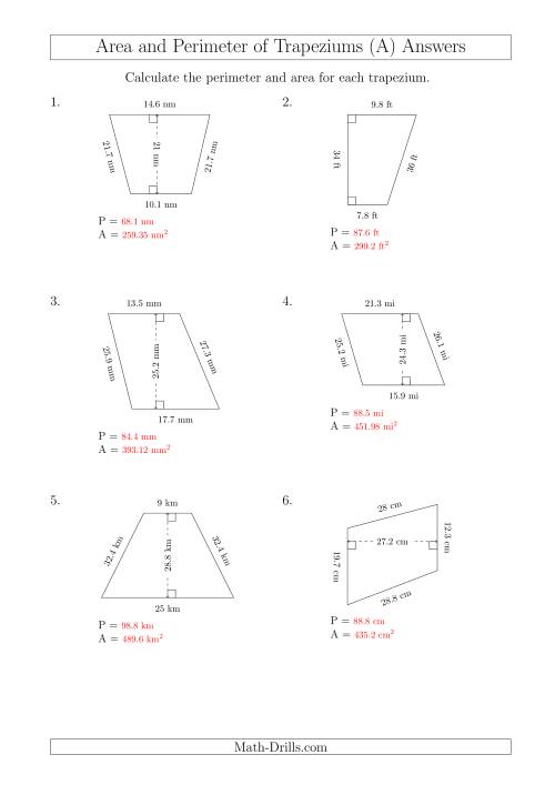The Calculating Area and Perimeter of Trapeziums (Even Larger Numbers) (A) Math Worksheet Page 2