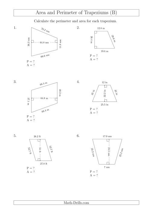 The Calculating Area and Perimeter of Trapeziums (Even Larger Numbers) (B) Math Worksheet