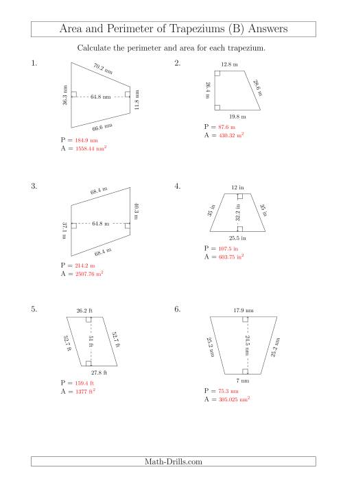 The Calculating Area and Perimeter of Trapeziums (Even Larger Numbers) (B) Math Worksheet Page 2