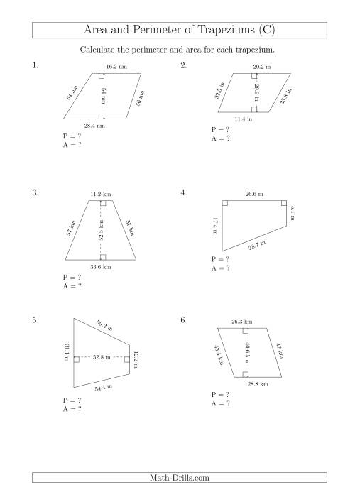 The Calculating Area and Perimeter of Trapeziums (Even Larger Numbers) (C) Math Worksheet