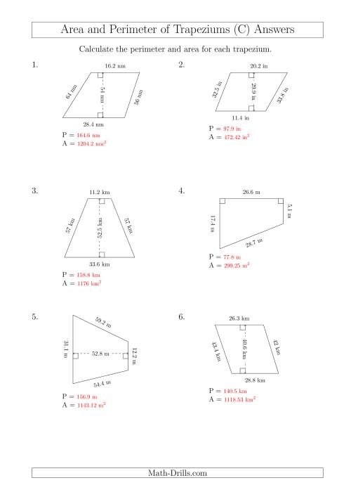 The Calculating Area and Perimeter of Trapeziums (Even Larger Numbers) (C) Math Worksheet Page 2