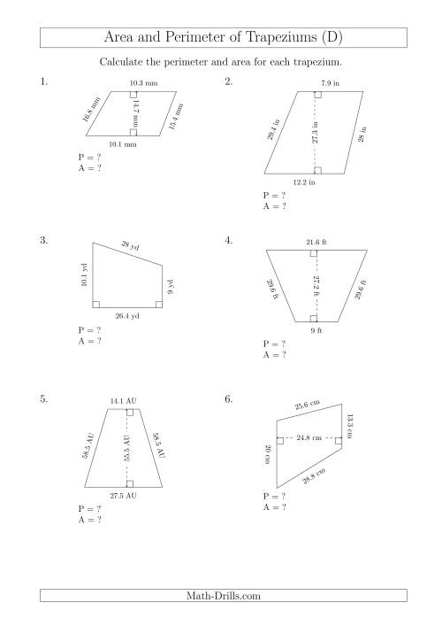The Calculating Area and Perimeter of Trapeziums (Even Larger Numbers) (D) Math Worksheet