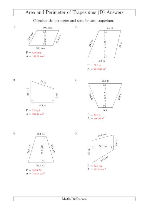 The Calculating Area and Perimeter of Trapeziums (Even Larger Numbers) (D) Math Worksheet Page 2