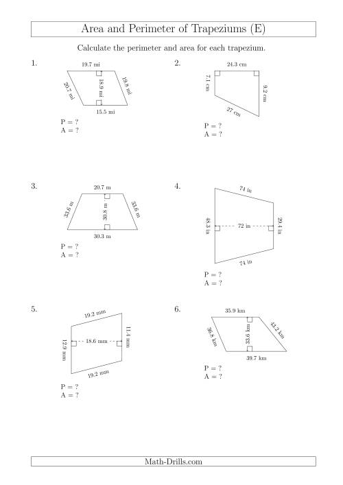 The Calculating Area and Perimeter of Trapeziums (Even Larger Numbers) (E) Math Worksheet