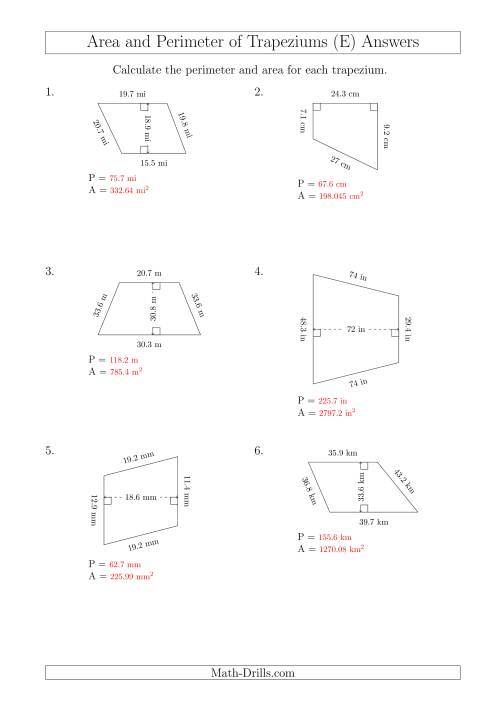 The Calculating Area and Perimeter of Trapeziums (Even Larger Numbers) (E) Math Worksheet Page 2