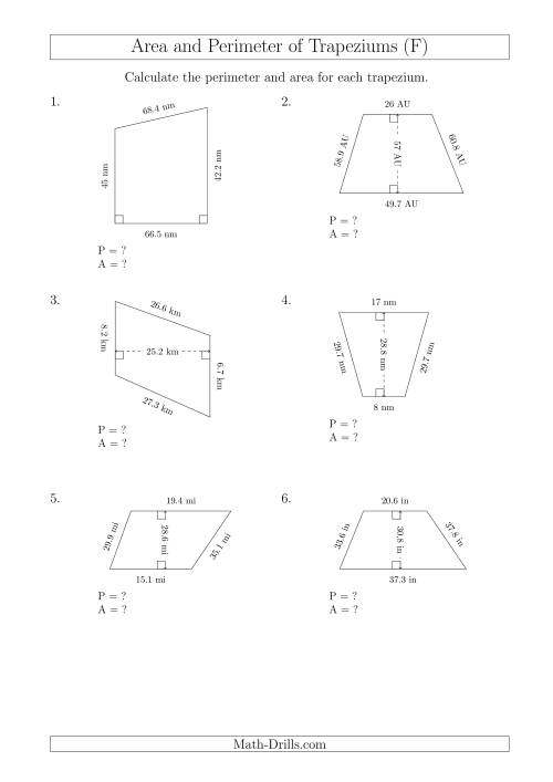 The Calculating Area and Perimeter of Trapeziums (Even Larger Numbers) (F) Math Worksheet