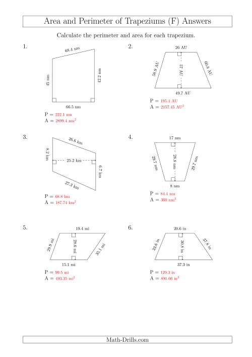 The Calculating Area and Perimeter of Trapeziums (Even Larger Numbers) (F) Math Worksheet Page 2