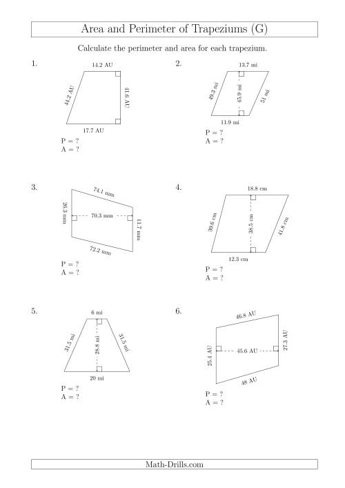 The Calculating Area and Perimeter of Trapeziums (Even Larger Numbers) (G) Math Worksheet