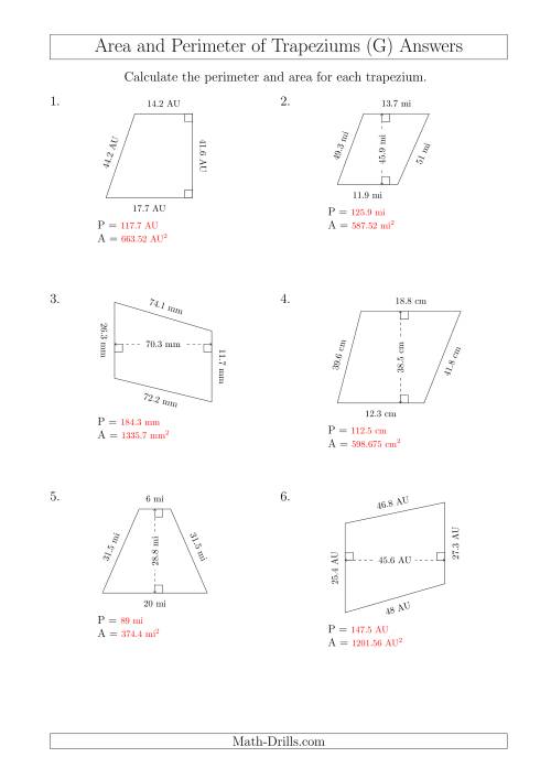 The Calculating Area and Perimeter of Trapeziums (Even Larger Numbers) (G) Math Worksheet Page 2