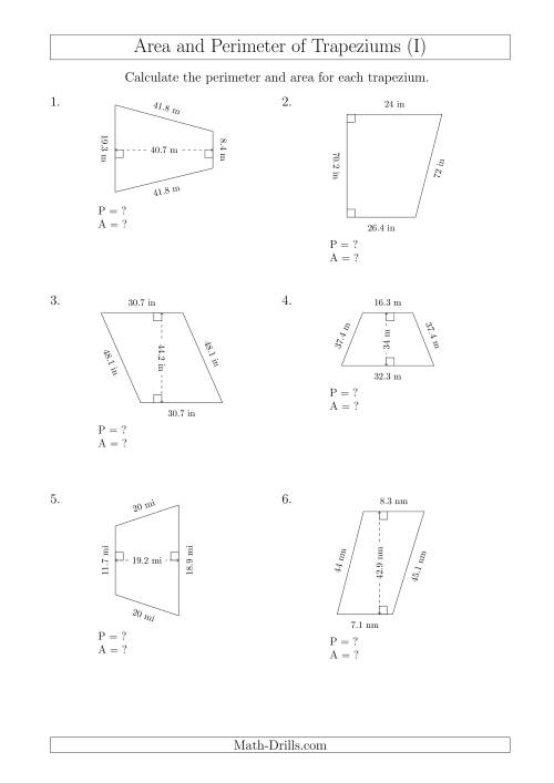 The Calculating Area and Perimeter of Trapeziums (Even Larger Numbers) (I) Math Worksheet