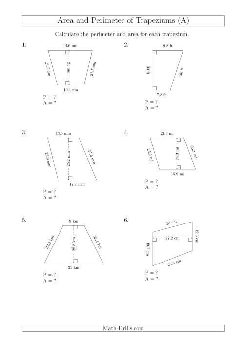 The Calculating Area and Perimeter of Trapeziums (Even Larger Numbers) (All) Math Worksheet
