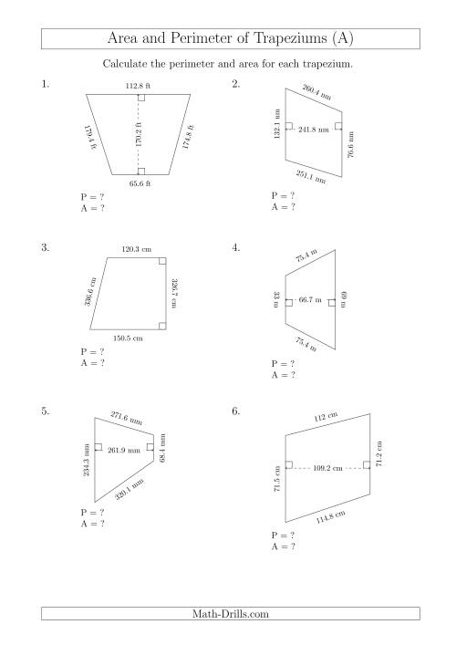 The Calculating Area and Perimeter of Trapeziums (Larger Still Numbers) (A) Math Worksheet