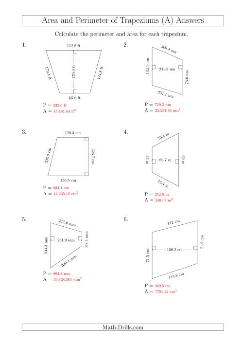 The Calculating Area and Perimeter of Trapeziums (Larger Still Numbers) (A) Math Worksheet Page 2
