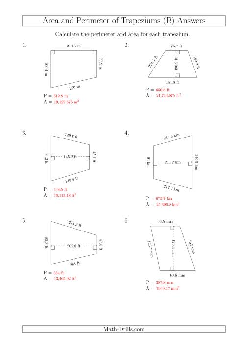 The Calculating Area and Perimeter of Trapeziums (Larger Still Numbers) (B) Math Worksheet Page 2