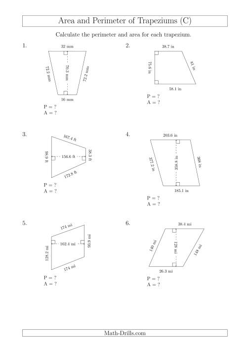 The Calculating Area and Perimeter of Trapeziums (Larger Still Numbers) (C) Math Worksheet