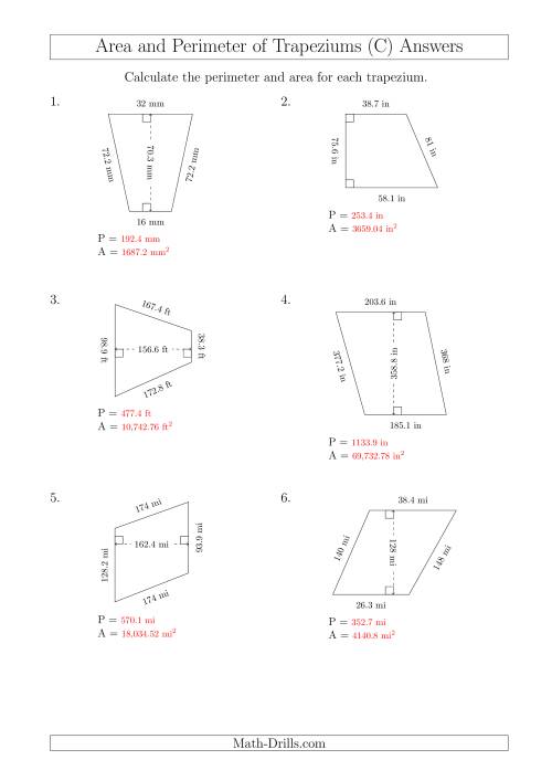 The Calculating Area and Perimeter of Trapeziums (Larger Still Numbers) (C) Math Worksheet Page 2