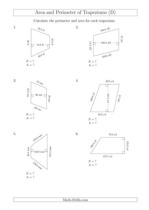 The Calculating Area and Perimeter of Trapeziums (Larger Still Numbers) (D) Math Worksheet